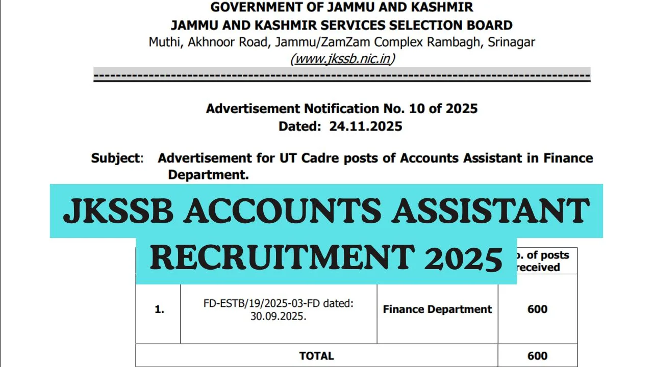 JKSSB Accounts Assistant Recruitment 2025 > Vacancies, Eligibility Conditions and Selection Details