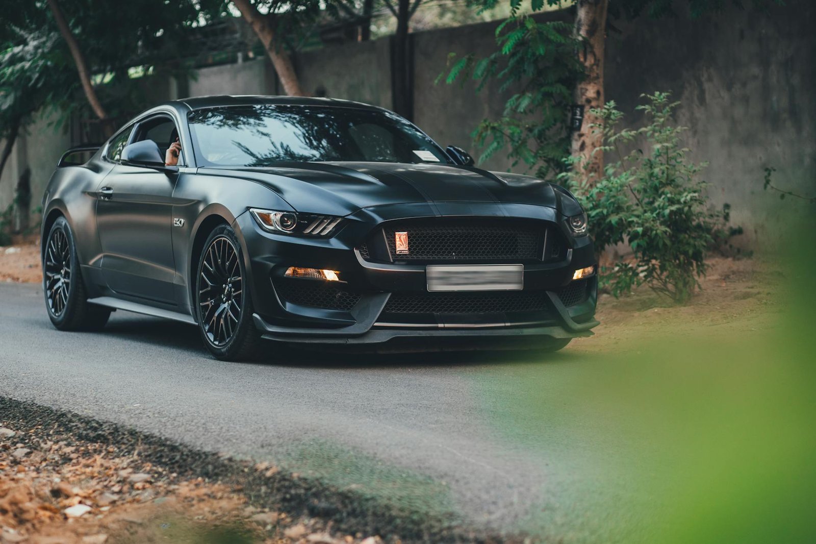 A powerful black Ford Mustang GT parked on a tree-lined street in Gurugram, India.