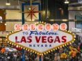 Harley Davidson store in Las Vegas featuring the famous Welcome to Las Vegas sign indoors, surrounded by motorcycles.