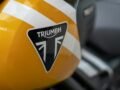Detailed view of a yellow Triumph motorcycle fuel tank showcasing its logo.