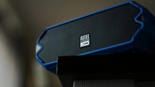 Close-up image of an Altec Lansing portable speaker with a focus on its grille design.